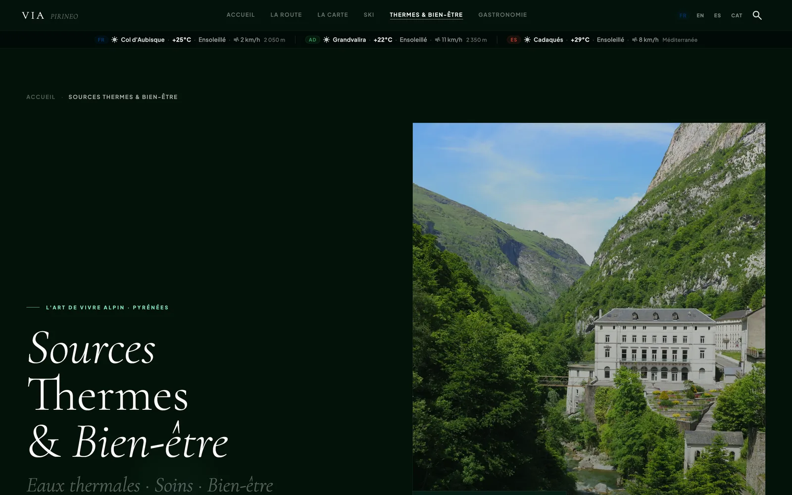 Page Sources thermales de Via Pirineo, mettant en avant un établissement thermal pyrénéen